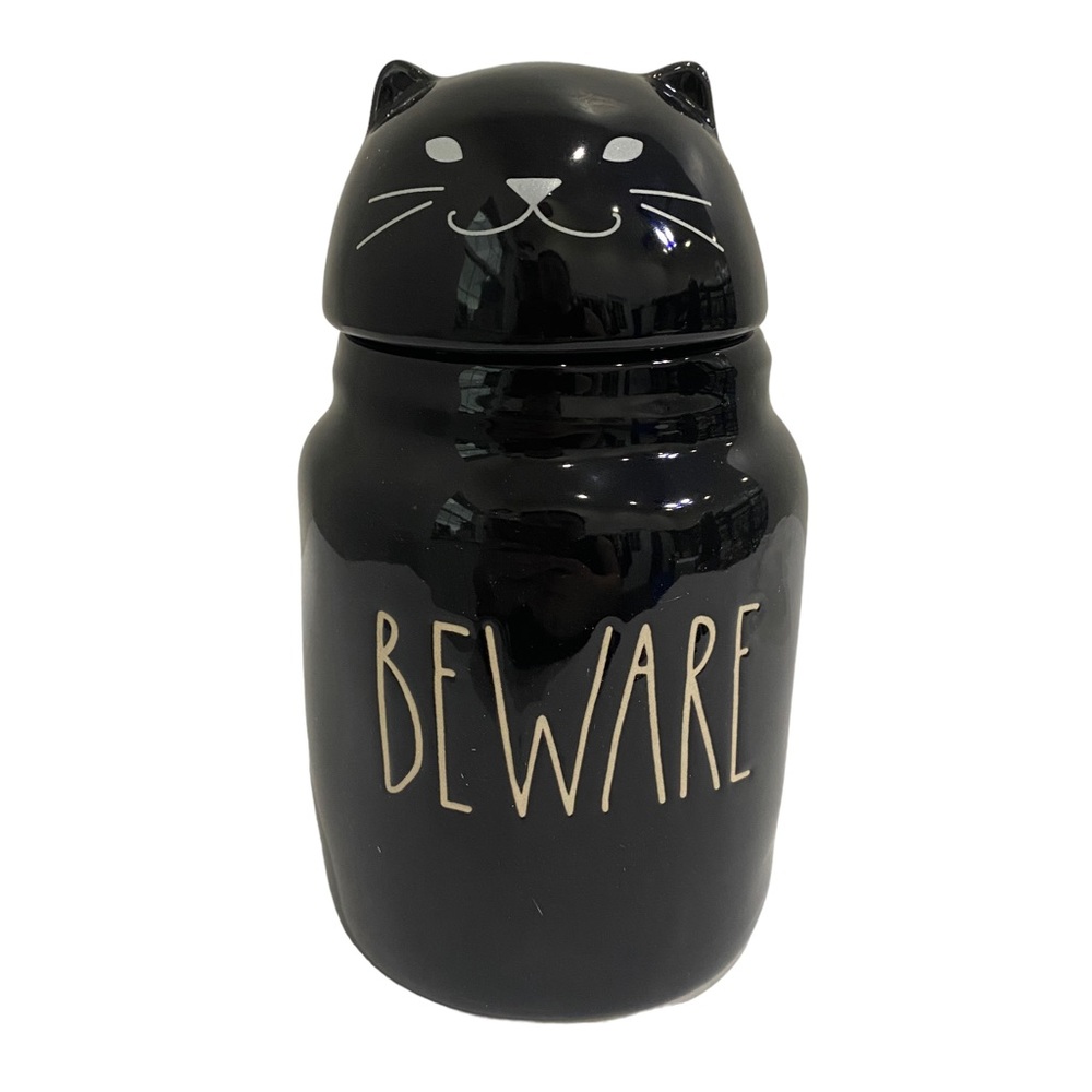 Rae Dunn Cat Beware tall storage ceramic canister - halloween - holiday - Picture 1 of 11
